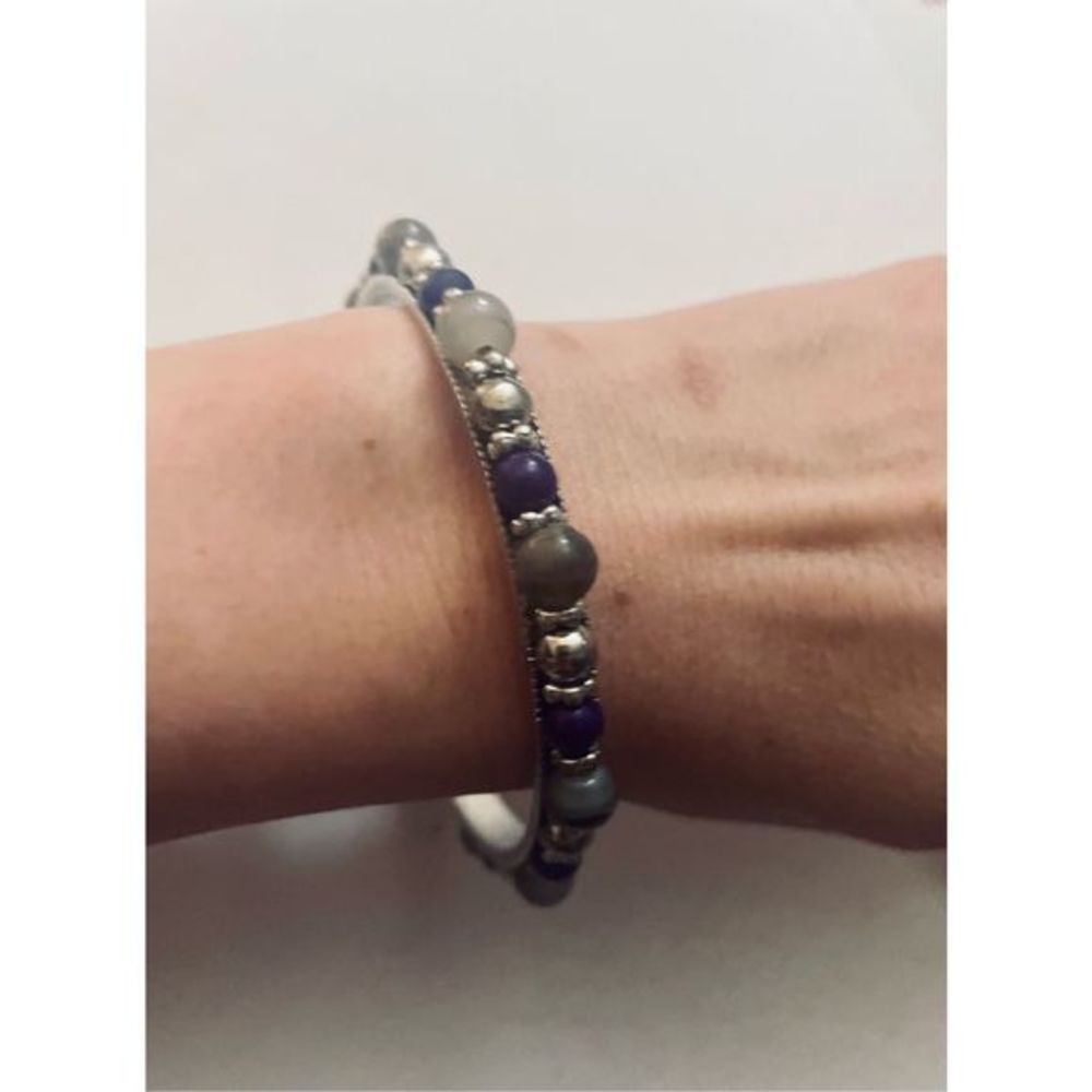 ADORABLE HAND-MADE BOHO STONE BLUE AND BROWN BEAD SILVER BRACELET